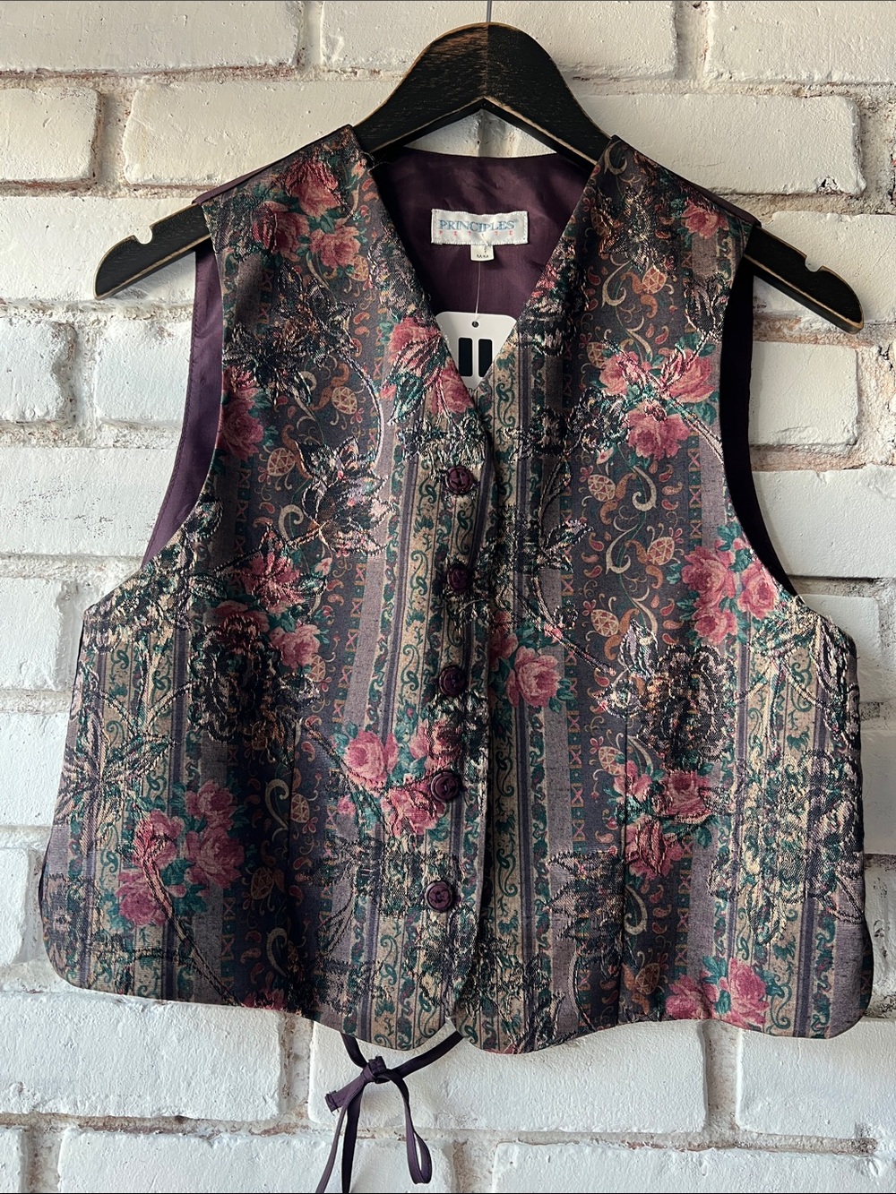 Vintage Floral Brocade Vest in Plum and Rose layering vest with tie back
